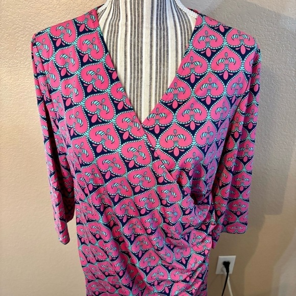 NWT Tracy Negoshian Dress XL Dolly Pink Navy Green Geometric Fleur de Lis Midi - Picture 2 of 15